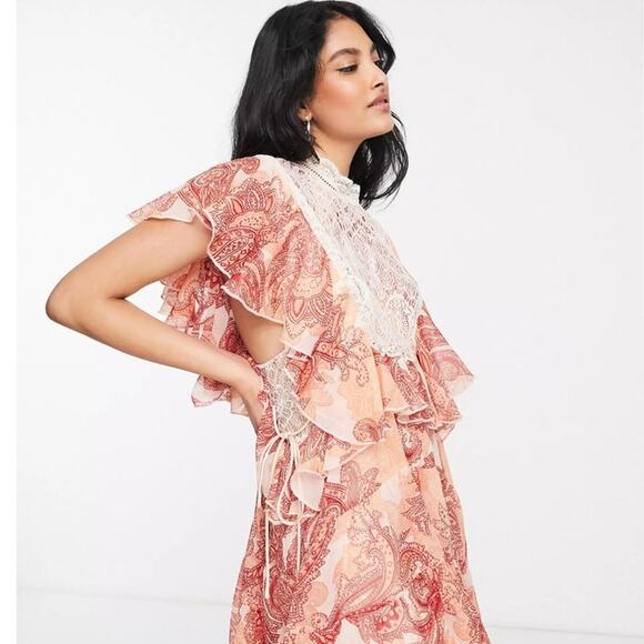ASOS Paisley Flounce Tiered Mini Dress Lace & Ruffle Size 4 - Picture 4 of 12